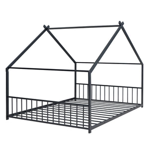 English Elm Full House Bed with Roof Canopy — Sturdy Metal Frame, Semi-Enclosed Play Loft for Kids' Sleep & Play (Full) Black MF305893AAB