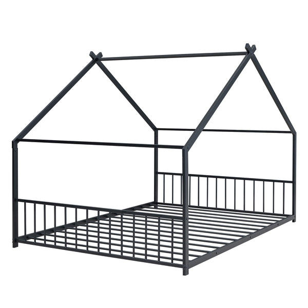 English Elm Full House Bed with Roof Canopy — Sturdy Metal Frame, Semi-Enclosed Play Loft for Kids' Sleep & Play (Full) Black MF305893AAB
