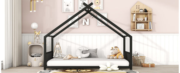 English Elm Full House Bed with Roof Canopy — Sturdy Metal Frame, Semi-Enclosed Play Loft for Kids' Sleep & Play (Full) Black MF305893AAB