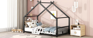 English Elm Twin Metal House Bed with Roof Frame for Kids — Sturdy 350lb Capacity, Playful Semi-Enclosed Design Black MF305886AAB