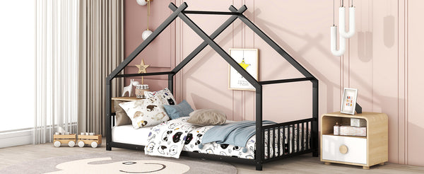 English Elm Twin Metal House Bed with Roof Frame for Kids — Sturdy 350lb Capacity, Playful Semi-Enclosed Design Black MF305886AAB