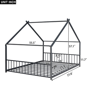 English Elm Full House Bed with Roof Canopy — Sturdy Metal Frame, Semi-Enclosed Play Loft for Kids' Sleep & Play (Full) Black MF305893AAB