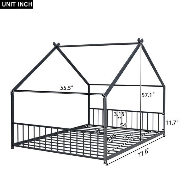 English Elm Full House Bed with Roof Canopy — Sturdy Metal Frame, Semi-Enclosed Play Loft for Kids' Sleep & Play (Full) Black MF305893AAB