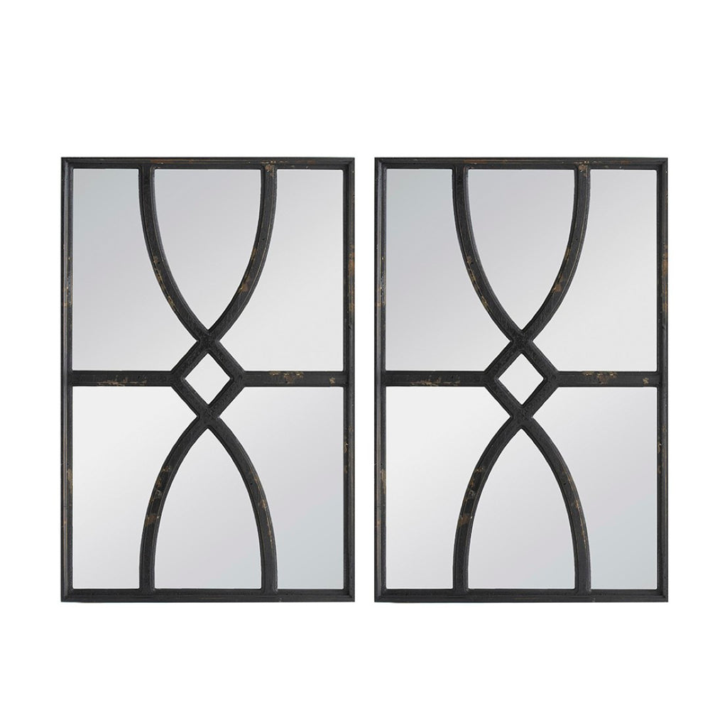 English Elm 16" Rectangular Carved Scrollwork Distressed Wood Wall Mirror Set for Entryway Decor Black W2078124316
