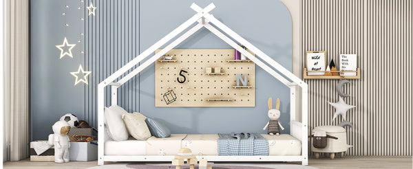 English Elm Twin Metal House Bed with Roof Frame for Kids — Sturdy 350lb Capacity, Playful Semi-Enclosed Design White MF305886AAK