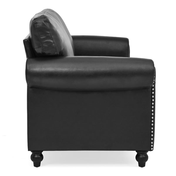 English Elm 3 Seater Roll Arm Pu Leather Sofa with Nail Trim Detail for Traditional Living Rooms Black Pu W680P451466