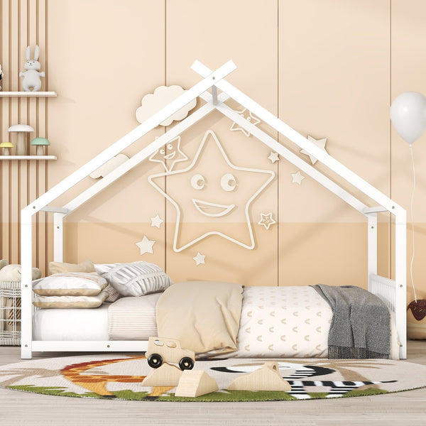 English Elm Full House Bed with Roof Canopy — Sturdy Metal Frame, Semi-Enclosed Play Loft for Kids' Sleep & Play (Full) White MF305893AAK