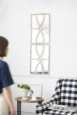 English Elm 16" Rectangular Carved Scrollwork Distressed Wood Wall Mirror Set for Entryway Decor White W2078124317