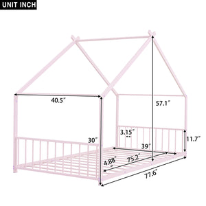 English Elm Twin Metal House Bed with Roof Frame for Kids — Sturdy 350lb Capacity, Playful Semi-Enclosed Design Pink MF305886AAH
