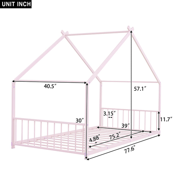 English Elm Twin Metal House Bed with Roof Frame for Kids — Sturdy 350lb Capacity, Playful Semi-Enclosed Design Pink MF305886AAH