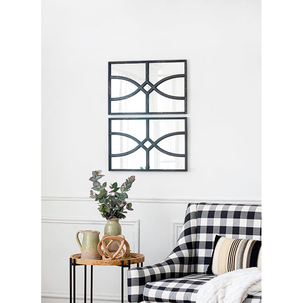English Elm 16" Rectangular Carved Scrollwork Distressed Wood Wall Mirror Set for Entryway Decor Black W2078124316