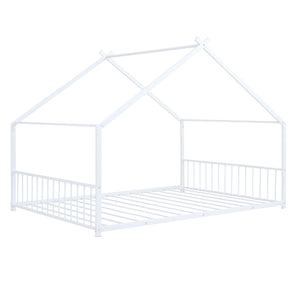 English Elm Full House Bed with Roof Canopy — Sturdy Metal Frame, Semi-Enclosed Play Loft for Kids' Sleep & Play (Full) White MF305893AAK