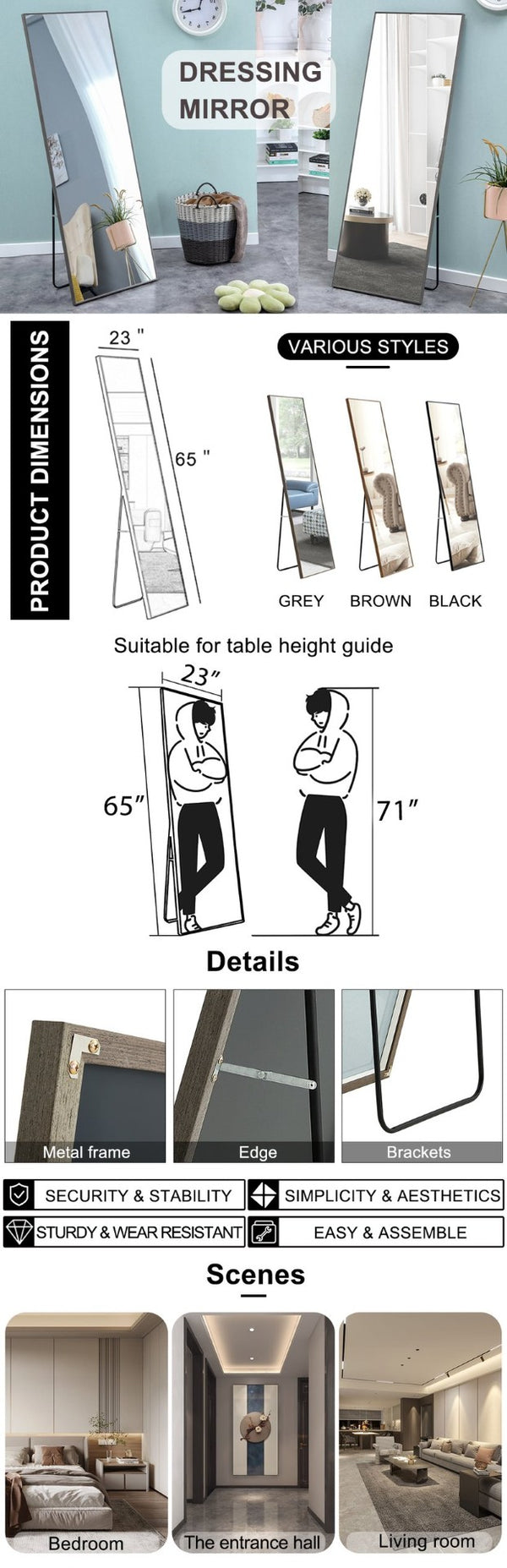 English Elm The Slim Gray Metal Frame Full Length Floor Mirror for Bedroom or Entryway Decor W1151P143478