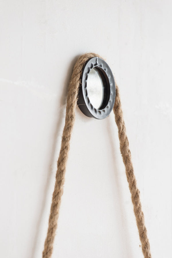 English Elm 19.5" Round Iron Wall Mirror with Rope Strap Hanger for Bathroom or Entryway W2078124346