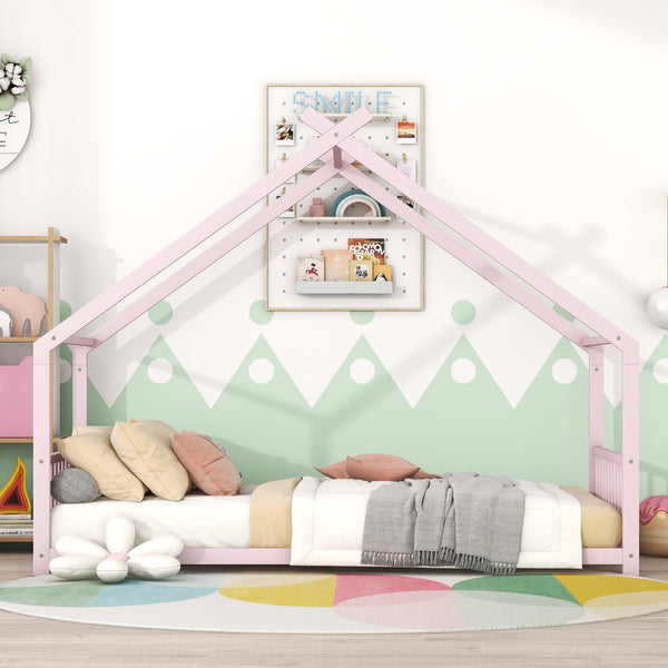 English Elm Twin Metal House Bed with Roof Frame for Kids — Sturdy 350lb Capacity, Playful Semi-Enclosed Design Pink MF305886AAH