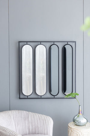 English Elm 36" Iron Square Frame Wall Mirror with Four Swivel Oval Panels Matte Black Finish W2078124365