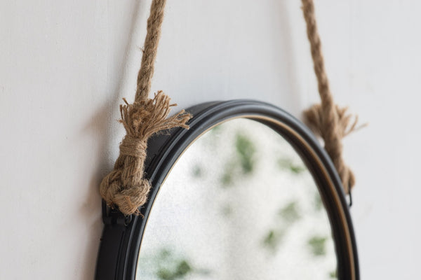 English Elm 19.5" Round Iron Wall Mirror with Rope Strap Hanger for Bathroom or Entryway W2078124346