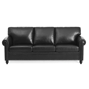 English Elm 3 Seater Pu Leather Sofa with Nail Head Trim Rolled Arms and Birch Legs W680111462
