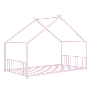English Elm Twin Metal House Bed with Roof Frame for Kids — Sturdy 350lb Capacity, Playful Semi-Enclosed Design Pink MF305886AAH