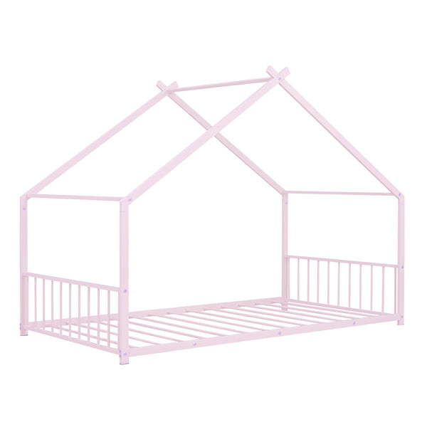 English Elm Twin Metal House Bed with Roof Frame for Kids — Sturdy 350lb Capacity, Playful Semi-Enclosed Design Pink MF305886AAH