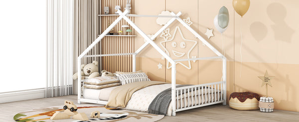 English Elm Full House Bed with Roof Canopy — Sturdy Metal Frame, Semi-Enclosed Play Loft for Kids' Sleep & Play (Full) White MF305893AAK