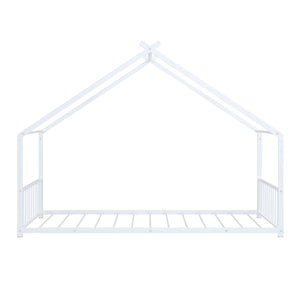 English Elm Twin Metal House Bed with Roof Frame for Kids — Sturdy 350lb Capacity, Playful Semi-Enclosed Design White MF305886AAK