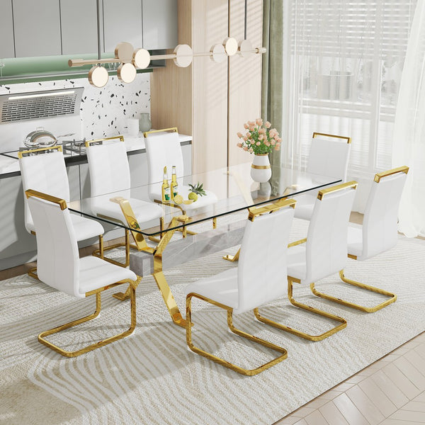 English Elm 1 Modern Glass Dining Table Set With 8 White Pu Chairs & Gold Legs – Elegant Dining & Office Style W1151S00454