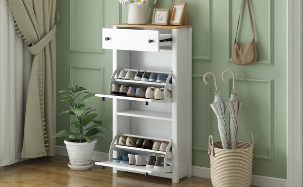 English Elm On-trend White Entryway Shoe Cabinet with Flip Drawers and Wood Grain Veneer Top WF308547AAK