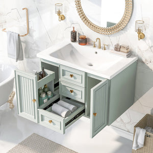 English Elm 30" Wall Mounted Bathroom Vanity With Sink Combo, Functional Drawer, Solid Wood & Mdf Board & Ceramic, Green (Old Sku:Sy999909Aaf)