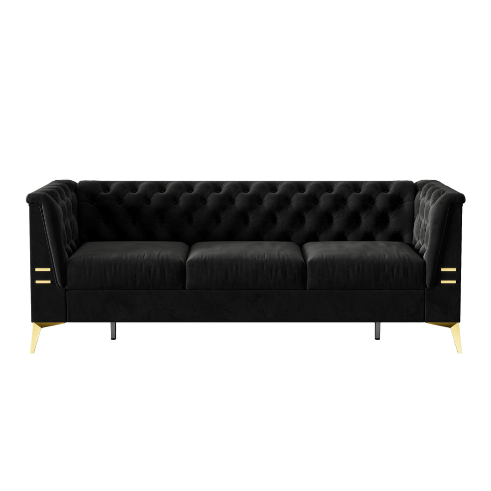 English Elm FX-P83-BK2(SOFA Luxurious Black Velvet 3-Seat Chesterfield Couch with Gold Legs, Tufted, Removable Cushions W576S00077