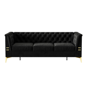 English Elm FX-P83-BK2(SOFA Luxurious Black Velvet 3-Seat Chesterfield Couch with Gold Legs, Tufted, Removable Cushions W576S00077
