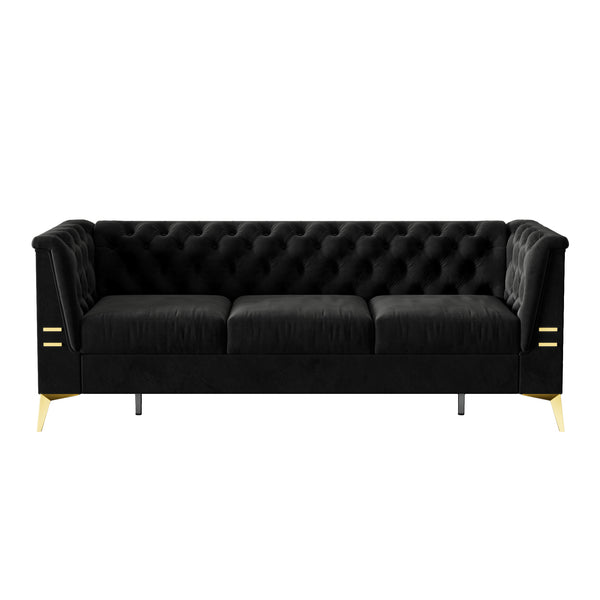 English Elm FX-P83-BK2(SOFA Luxurious Black Velvet 3-Seat Chesterfield Couch with Gold Legs, Tufted, Removable Cushions W576S00077