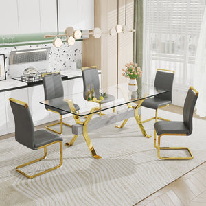 English Elm Dining Table - Modern Tempered Glass With Gold-Plated Metal Legs - Perfect For Home & Office Use! W1151S00353