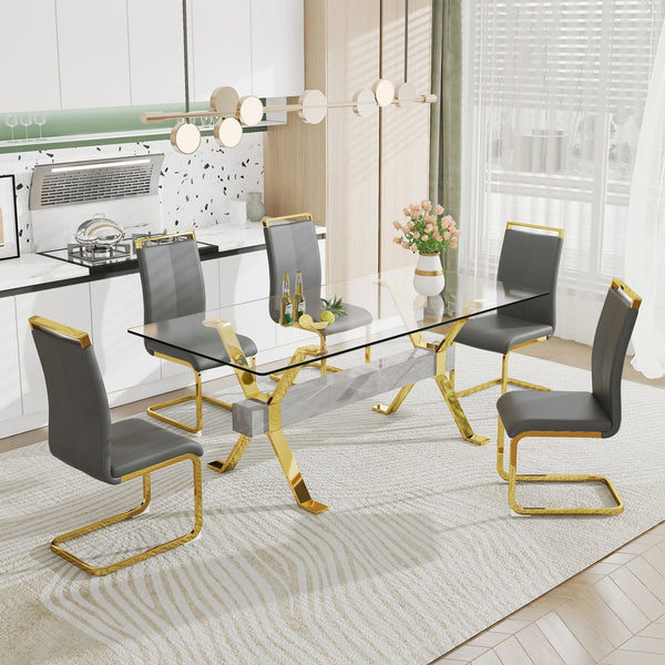 English Elm Dining Table - Modern Tempered Glass With Gold-Plated Metal Legs - Perfect For Home & Office Use! W1151S00353