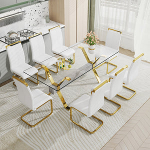 English Elm 1 Modern Glass Dining Table Set With 8 White Pu Chairs & Gold Legs – Elegant Dining & Office Style W1151S00454