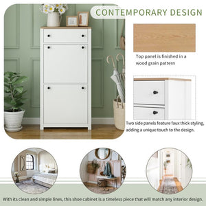 English Elm On-trend White Entryway Shoe Cabinet with Flip Drawers and Wood Grain Veneer Top WF308547AAK