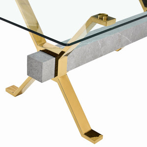 English Elm Dining Table - Modern Tempered Glass With Gold-Plated Metal Legs - Perfect For Home & Office Use! W1151S00353