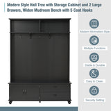 English Elm Modern Style Hall Tree With Storage Cabinet and 2 Large Drawers, Widen Mudroom Bench With 5 Coat Hooks, Black