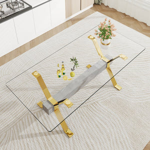 English Elm Dining Table - Modern Tempered Glass With Gold-Plated Metal Legs - Perfect For Home & Office Use! W1151S00353