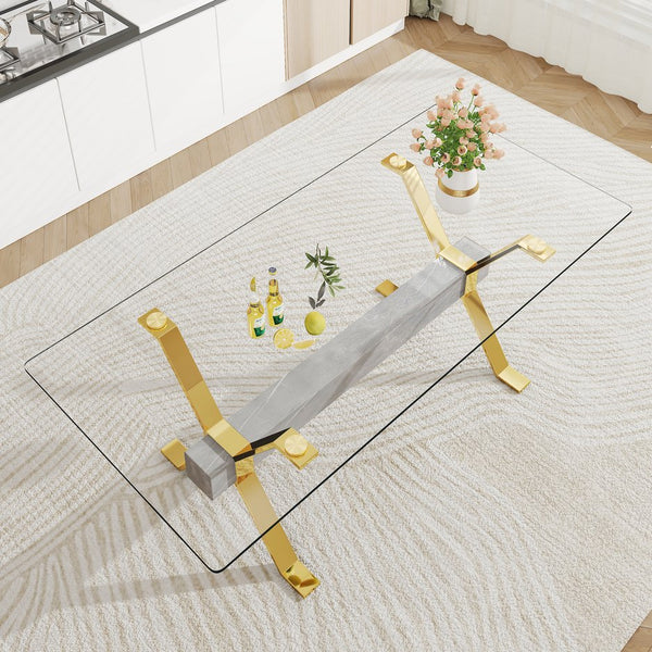 English Elm Dining Table - Modern Tempered Glass With Gold-Plated Metal Legs - Perfect For Home & Office Use! W1151S00353