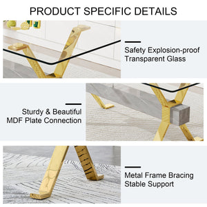English Elm Dining Table - Modern Tempered Glass With Gold-Plated Metal Legs - Perfect For Home & Office Use! W1151S00353