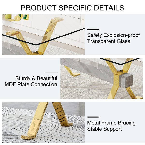 English Elm Dining Table - Modern Tempered Glass With Gold-Plated Metal Legs - Perfect For Home & Office Use! W1151S00353