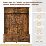 English Elm Modern Style Hall Tree With Storage Cabinet and 2 Large Drawers, Widen Mudroom Bench With 5 Coat Hooks, Rustic Brown