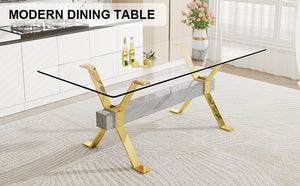 English Elm Dining Table - Modern Tempered Glass With Gold-Plated Metal Legs - Perfect For Home & Office Use! W1151S00353