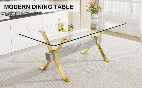 English Elm Dining Table - Modern Tempered Glass With Gold-Plated Metal Legs - Perfect For Home & Office Use! W1151S00353