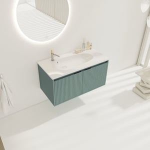 English Elm 36" Floating Bathroom Vanity with Drop-Shaped Resin Sink, Wavy Doors, Soft-Close Hinges, Water-Resistant Plywood Modern Design W999S00093