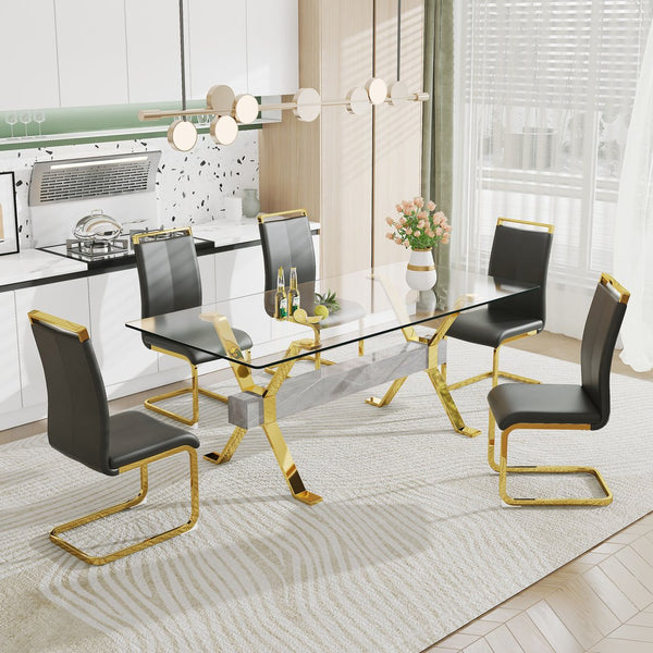 English Elm Dining Table - Modern Tempered Glass With Gold-Plated Metal Legs - Perfect For Home & Office Use! W1151S00353