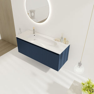 English Elm 48" Floating Bathroom Vanity with Drop-Shaped Resin Sink, Wavy Panel Doors, Soft-Close Hinges, Durable Melamine Finish W999S00094
