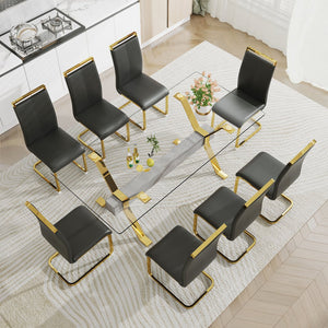 English Elm Dining Table - Modern Tempered Glass With Gold-Plated Metal Legs - Perfect For Home & Office Use! W1151S00353
