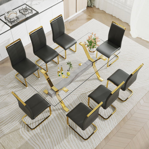 English Elm Dining Table - Modern Tempered Glass With Gold-Plated Metal Legs - Perfect For Home & Office Use! W1151S00353